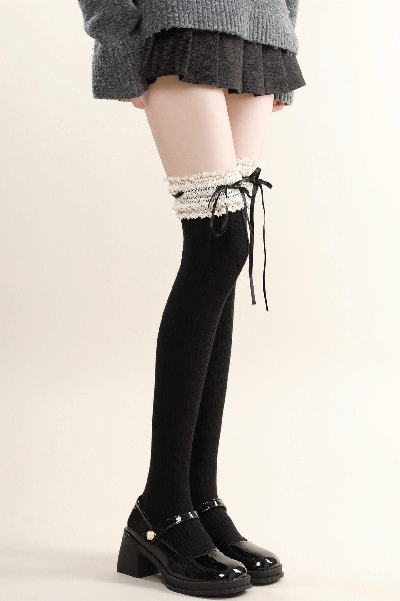 White Lace Ruffle Ribbon Over Knee Socks Secondary image