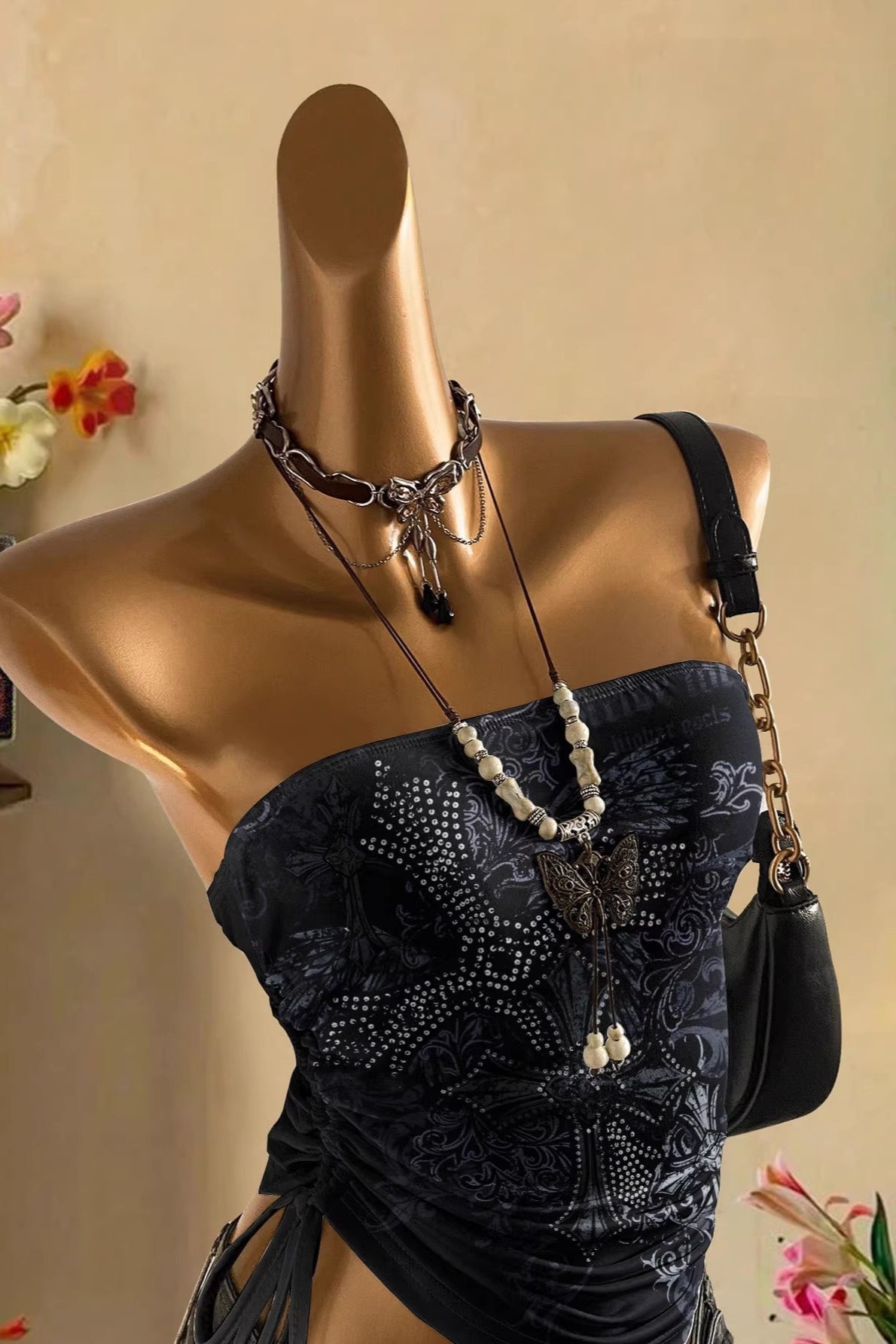 Vintage Print Strapless Crop Top