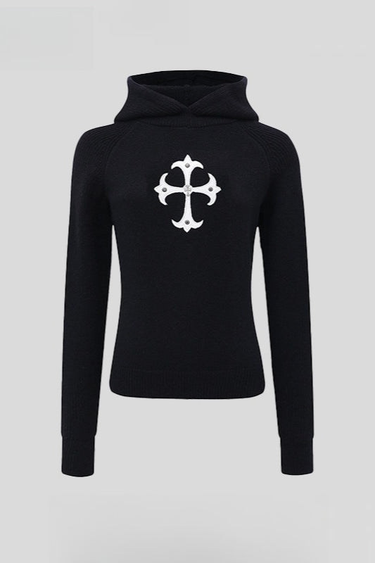 Gothic Hooded Cross Embroidered Knit Top Main image
