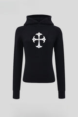 Gothic Hooded Cross Embroidered Knit Top