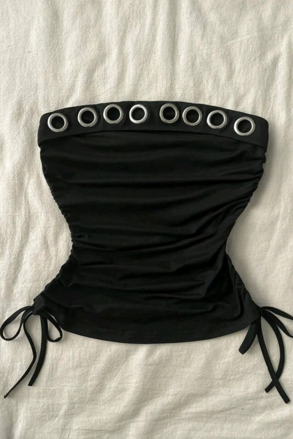 Ring Detail Strapless Drawstring Crop Top
