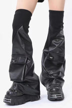 Black PU Flared Patch Pockets Socks