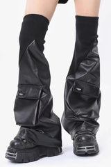 Black PU Flared Patch Pockets Socks