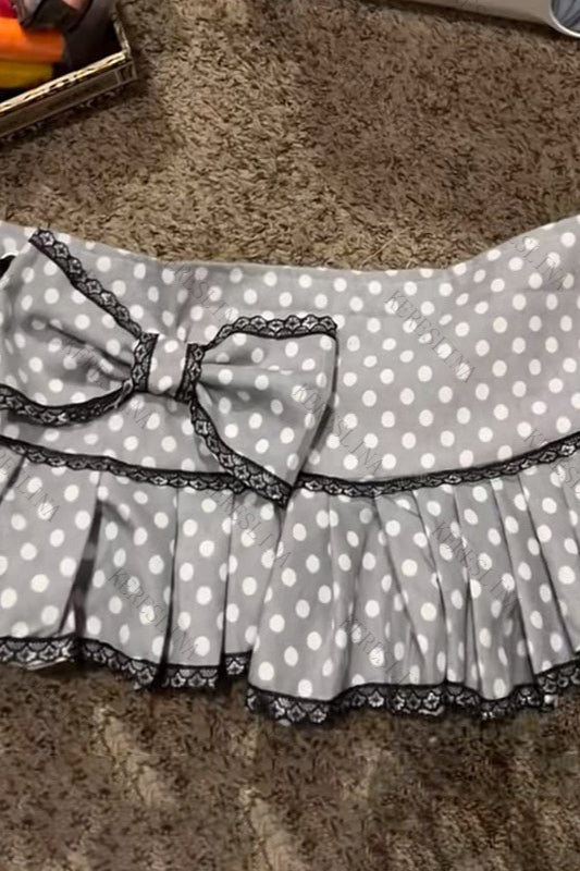 Polka Dot Lace Ruffle Pleated Mini Skirt