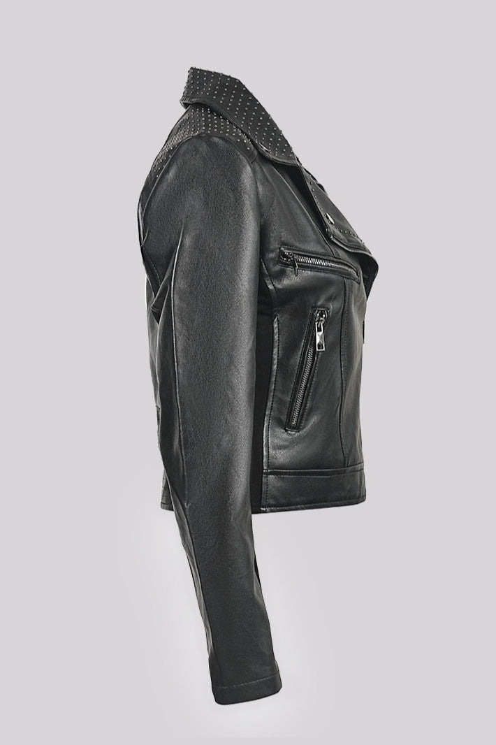 Rivet Trim Cropped Moto Leather Jacket