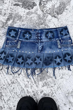 Star Print Washed Denim Pleated Mini Skirt