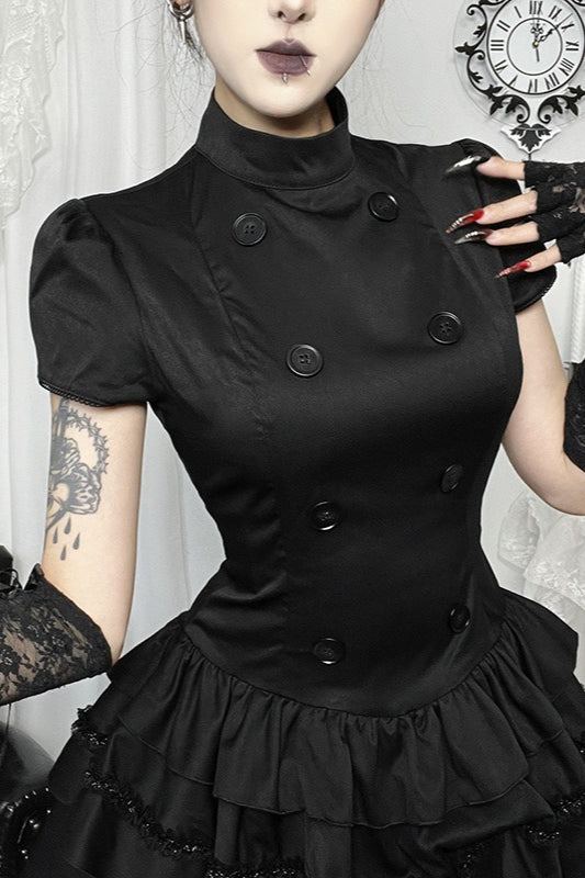 Black Gothic Button Front Layered Mini Dress