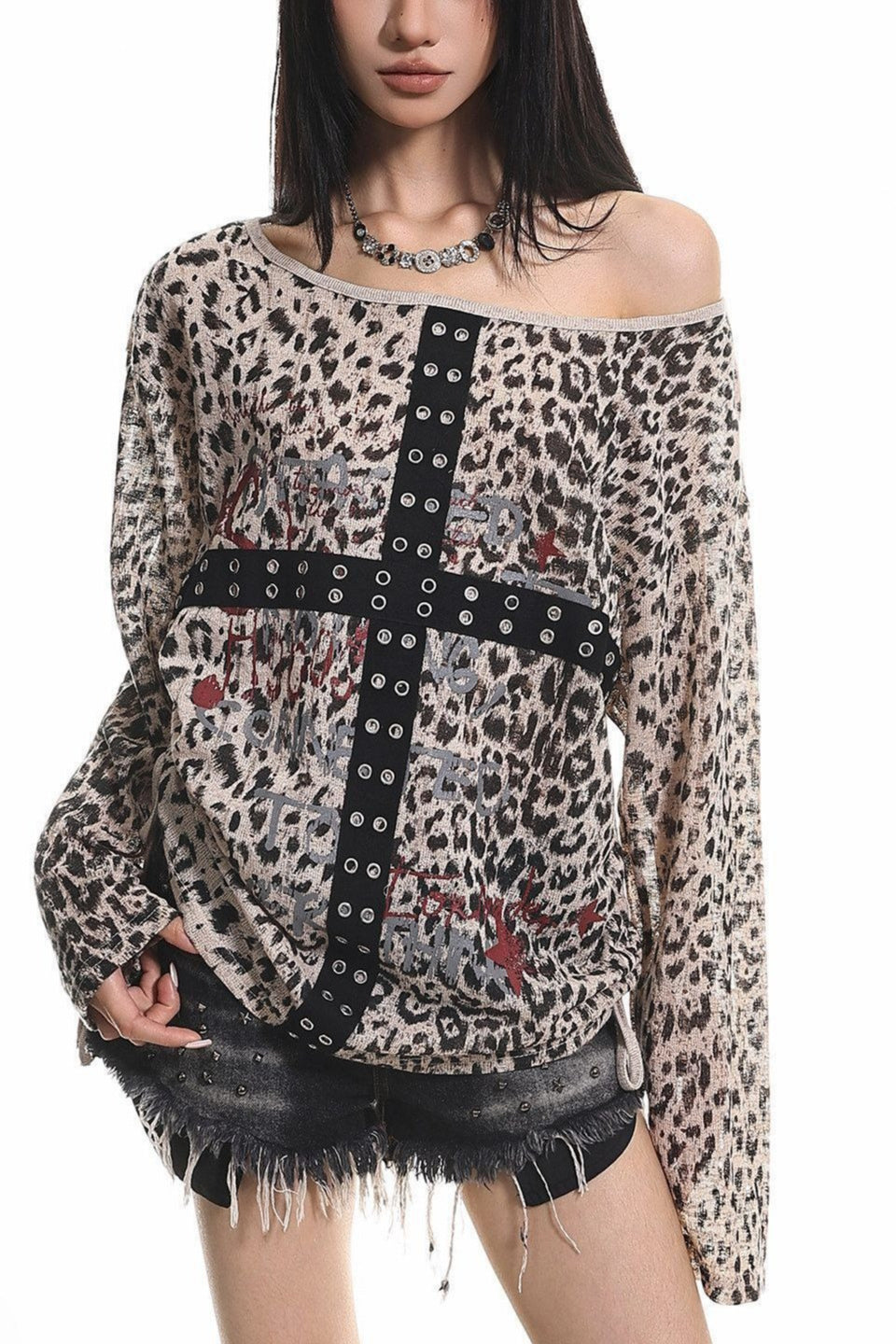 Drawstring Leopard Letter Printed Off Shoulder T-shirt Main image