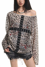 Drawstring Leopard Letter Printed Off Shoulder T-shirt