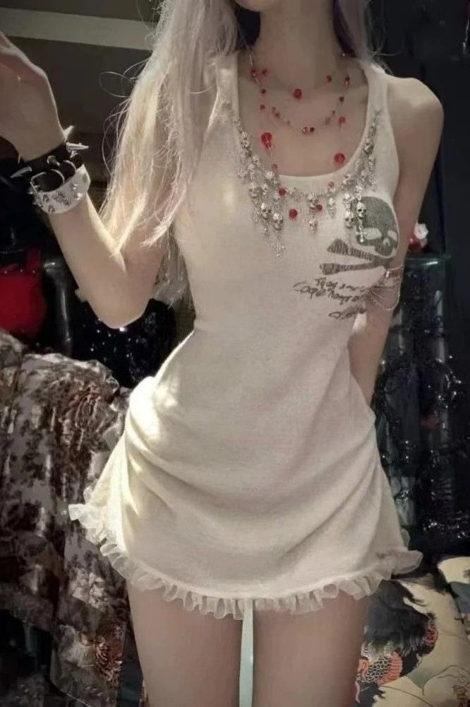 Punk Skull Print Lace Mini Dress