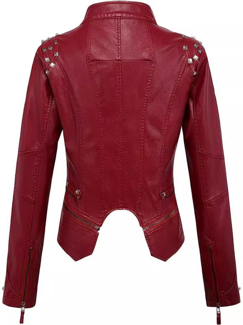 Embroidered Rivet Washed PU Leather Waist-fit Short Jacket