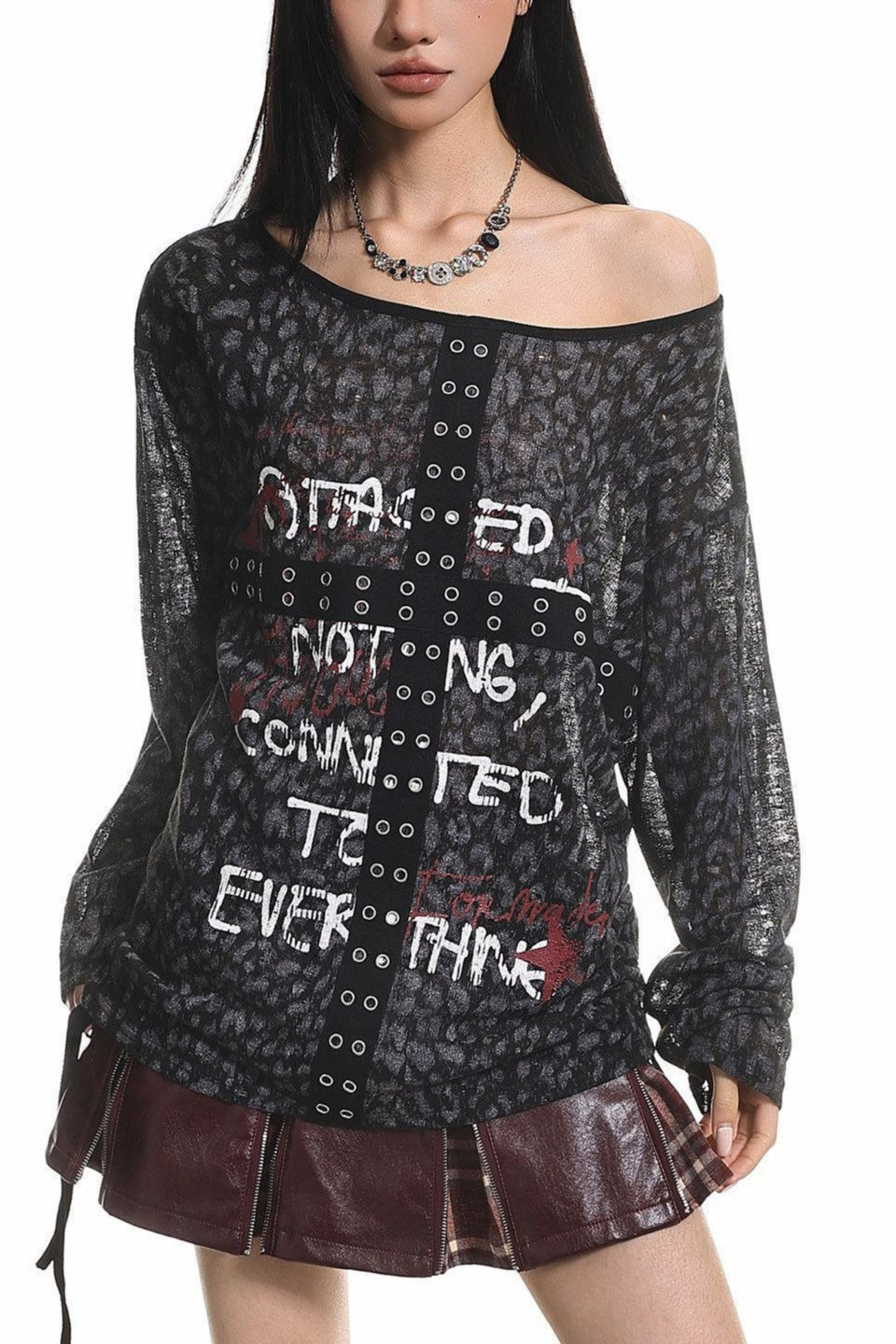Drawstring Leopard Letter Printed Off Shoulder T-shirt
