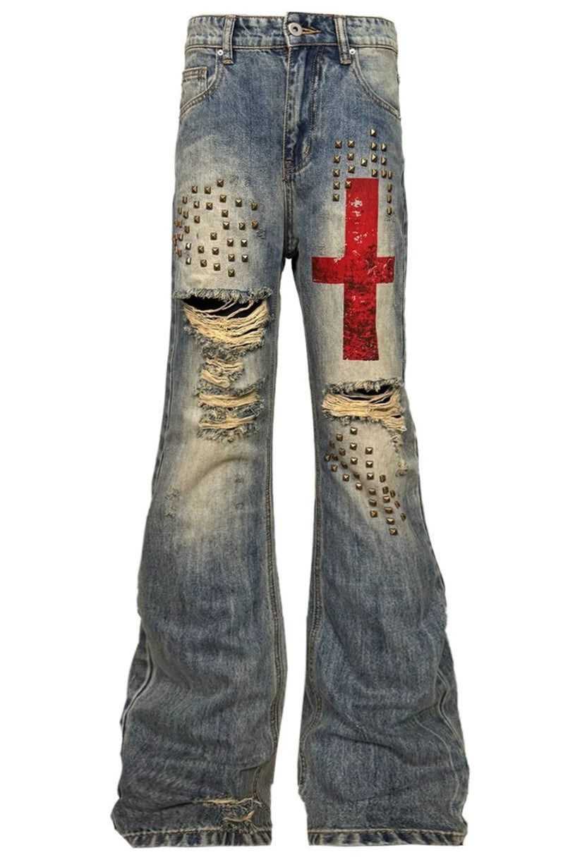 Red Cross Studded Denim Pants