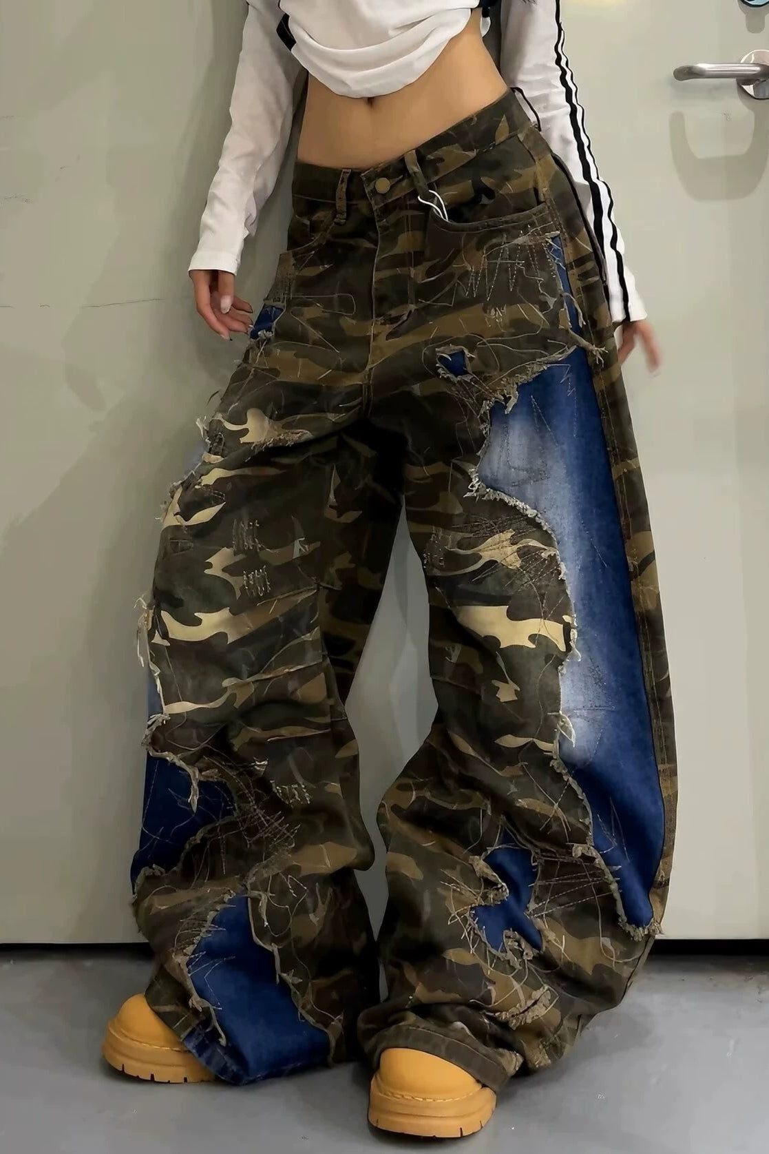 Denim Patch Camouflage Wide Pants
