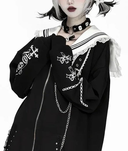 Printed Sailor Collar Oversized Jacket