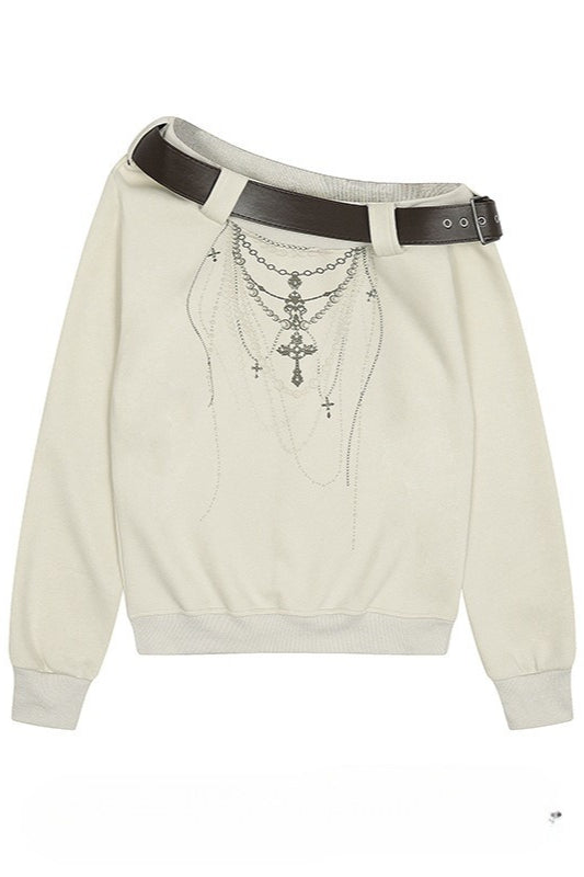 Retro Leather Buckle Asym Off Shoulder T-shirt Main image