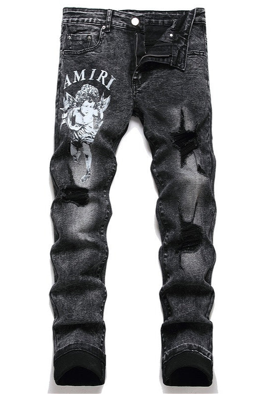 Punk Ripped Star Embroidered Denim Pants Main image