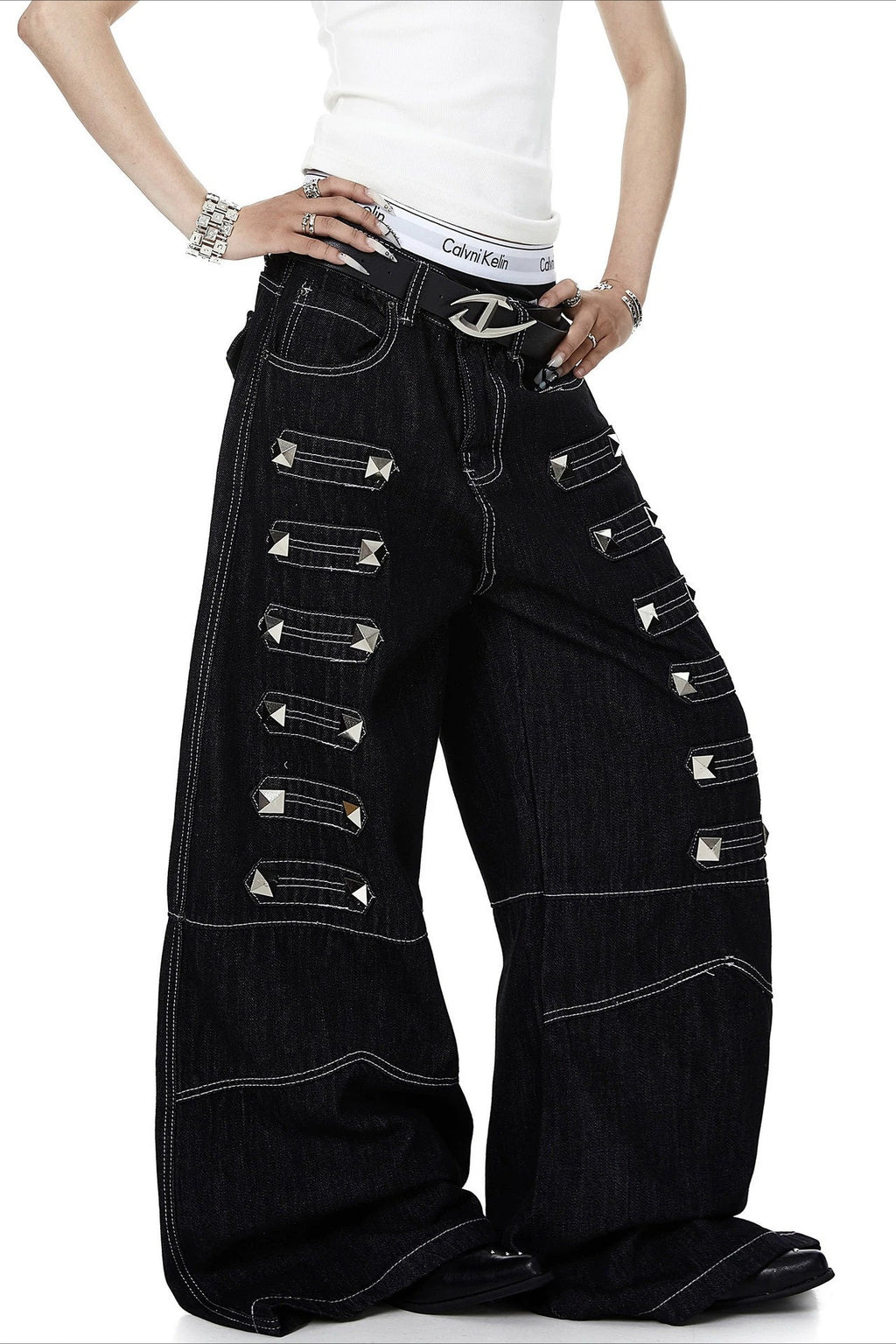 Studded Contrast-Stitch Flared Jeans