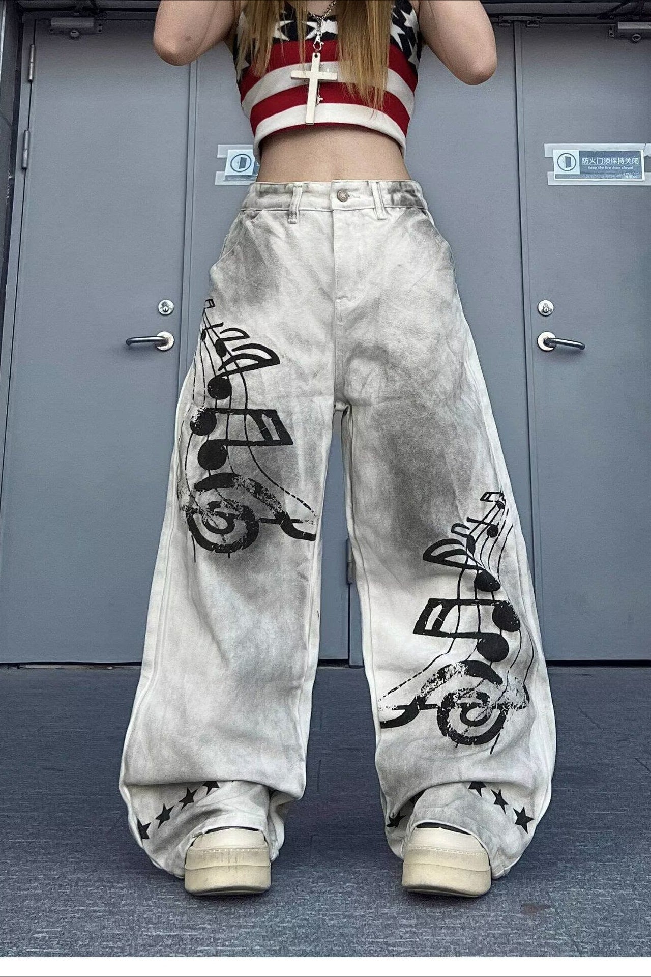 Music Note Print Wide-Leg Jeans