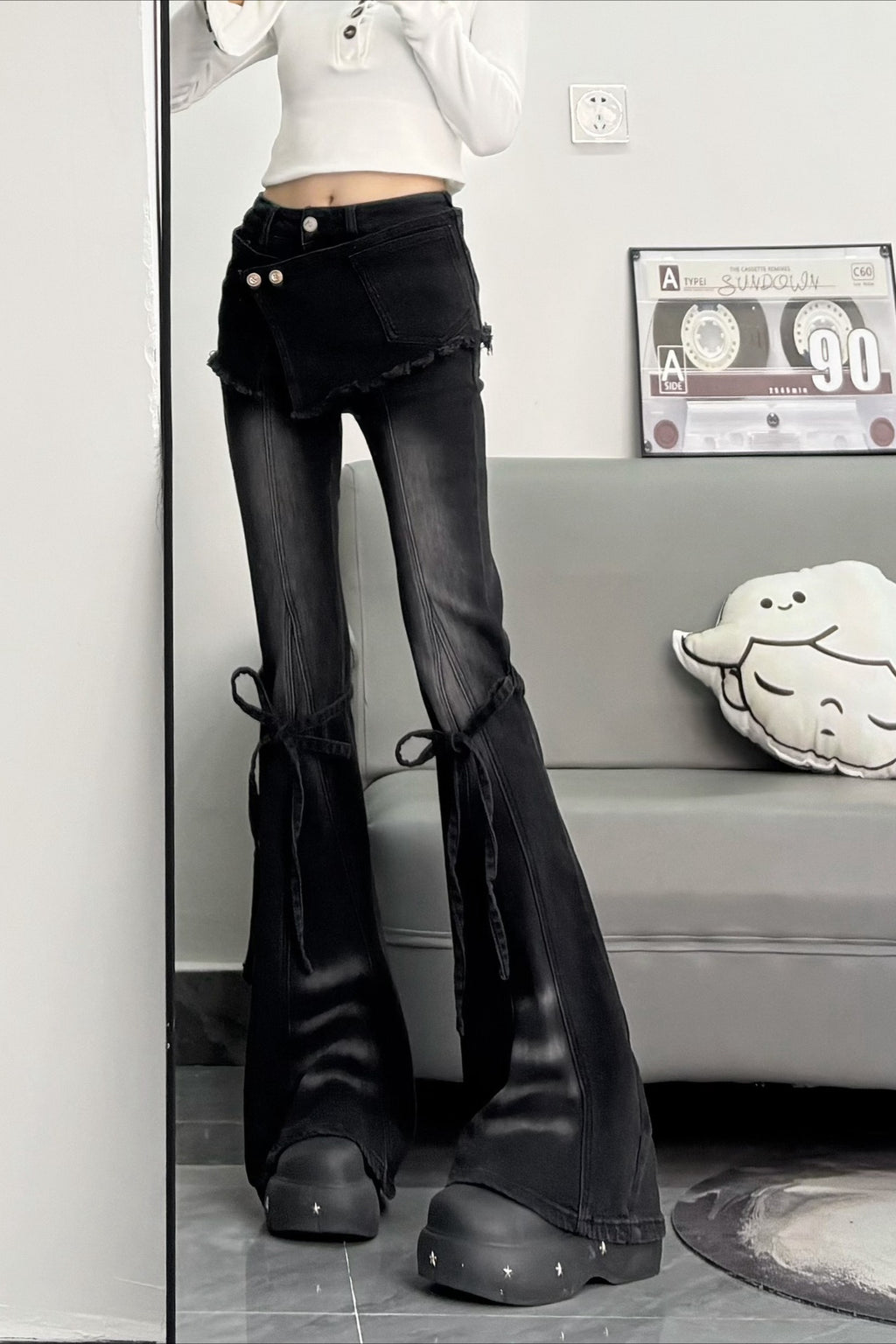 Bow Strap Layered Waist Flare Pants