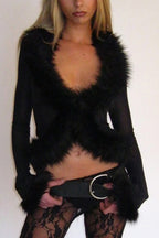 Sheer Mesh Fur Collar Crop Cardigan