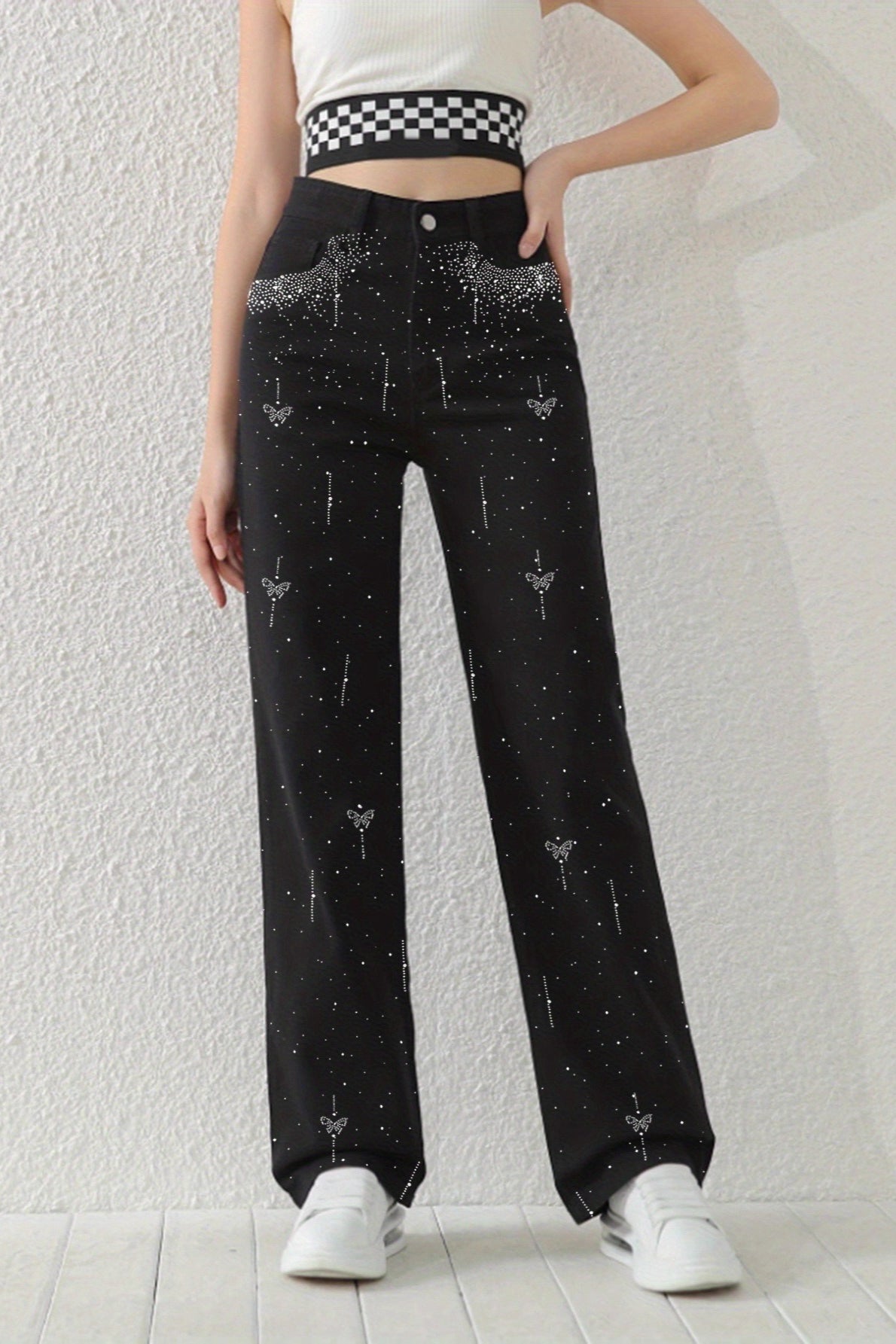 Butterfly Rhinestone Wide Leg Jeans