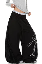 Fringed Side Script Wide Pants