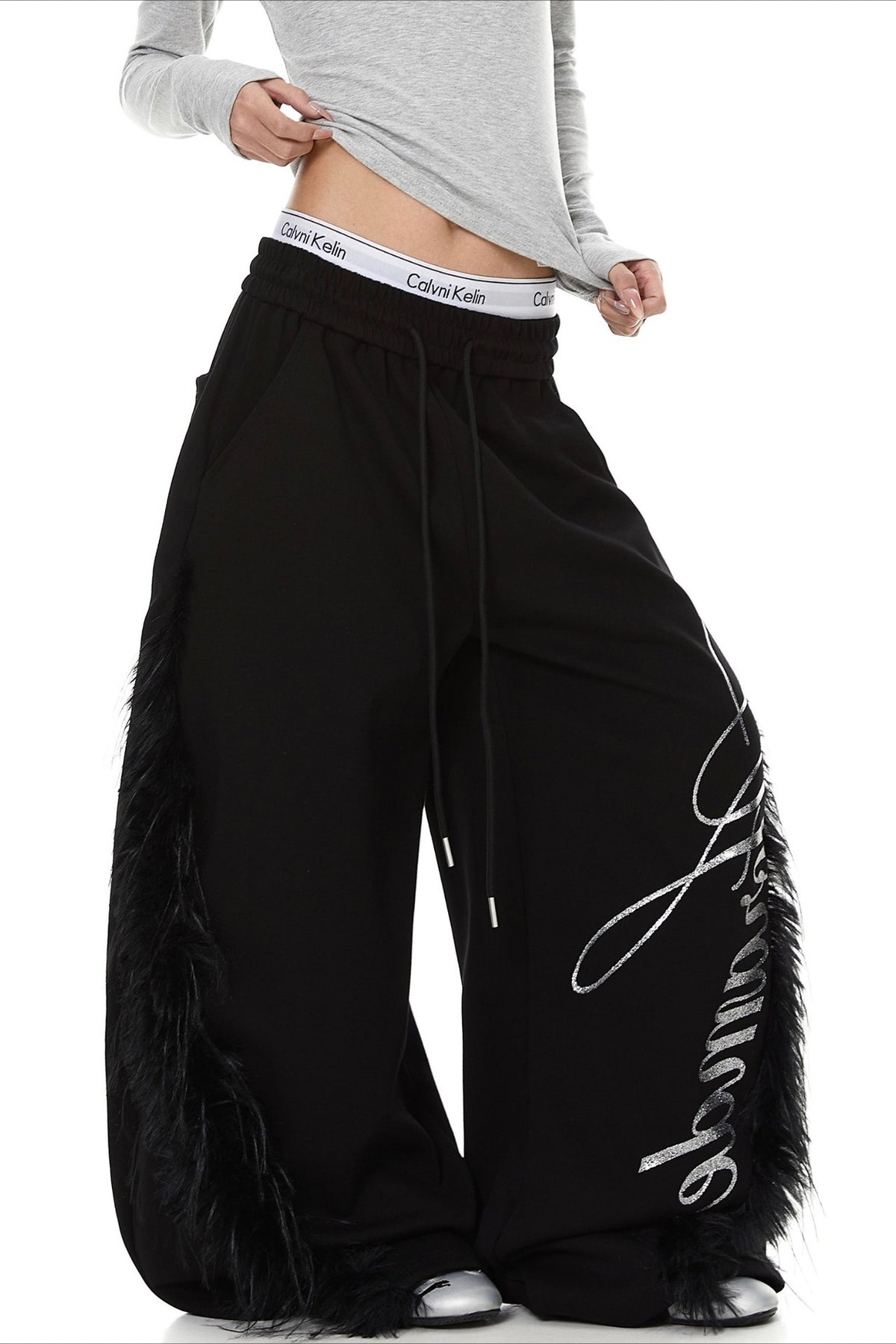 Fringed Side Script Wide Pants