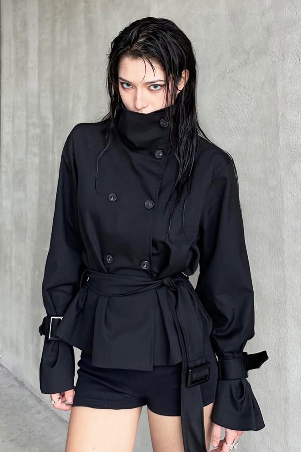 Unique Tie Waist Button Stand Collar Trench Coat Main image