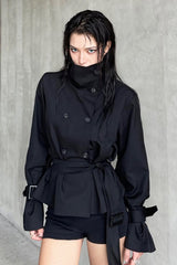 Unique Tie Waist Button Stand Collar Trench Coat