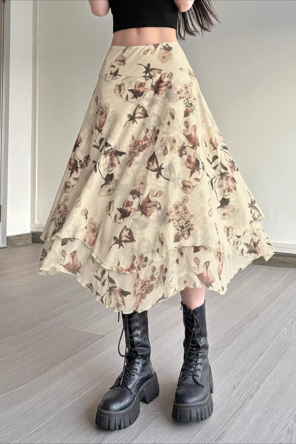 Floral Asymmetrical Mesh Midi Skirt