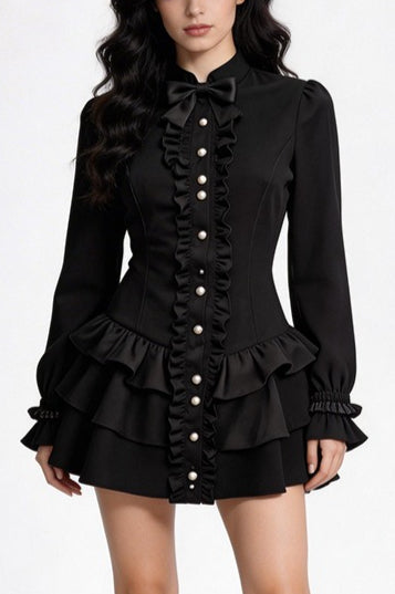 High Collar Tiered Ruffle Mini Dress