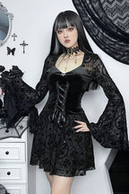 Flocked Lace Bell Sleeve Mini Dress