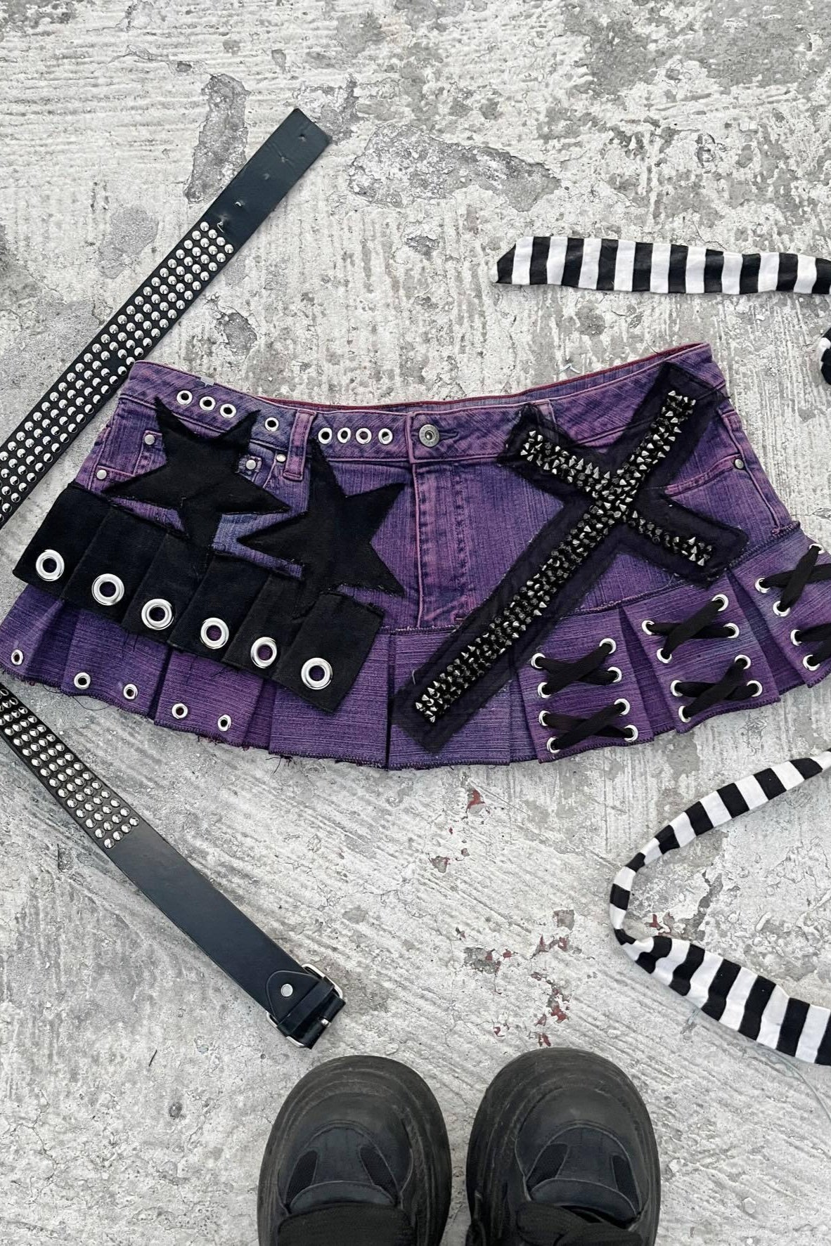 Purple Studded Lace-Up Denim Mini Skirt