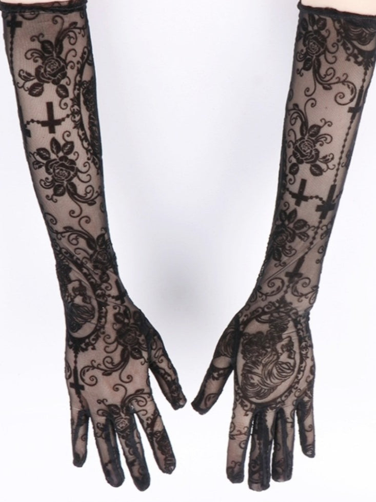 Sexy Lace Long Dark Skull Cross Gloves Main image