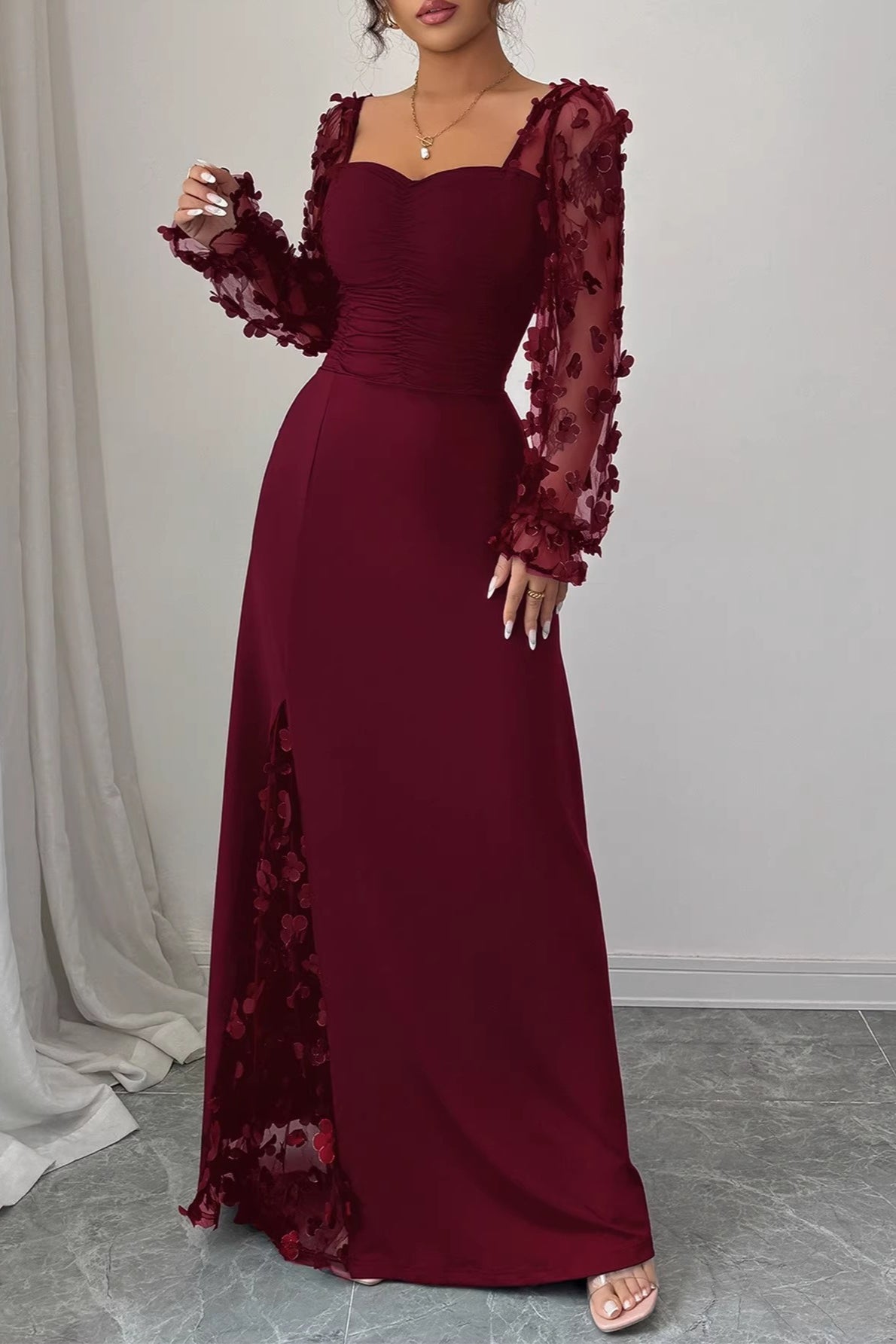 Floral Mesh Sleeve Panel Maxi Dress