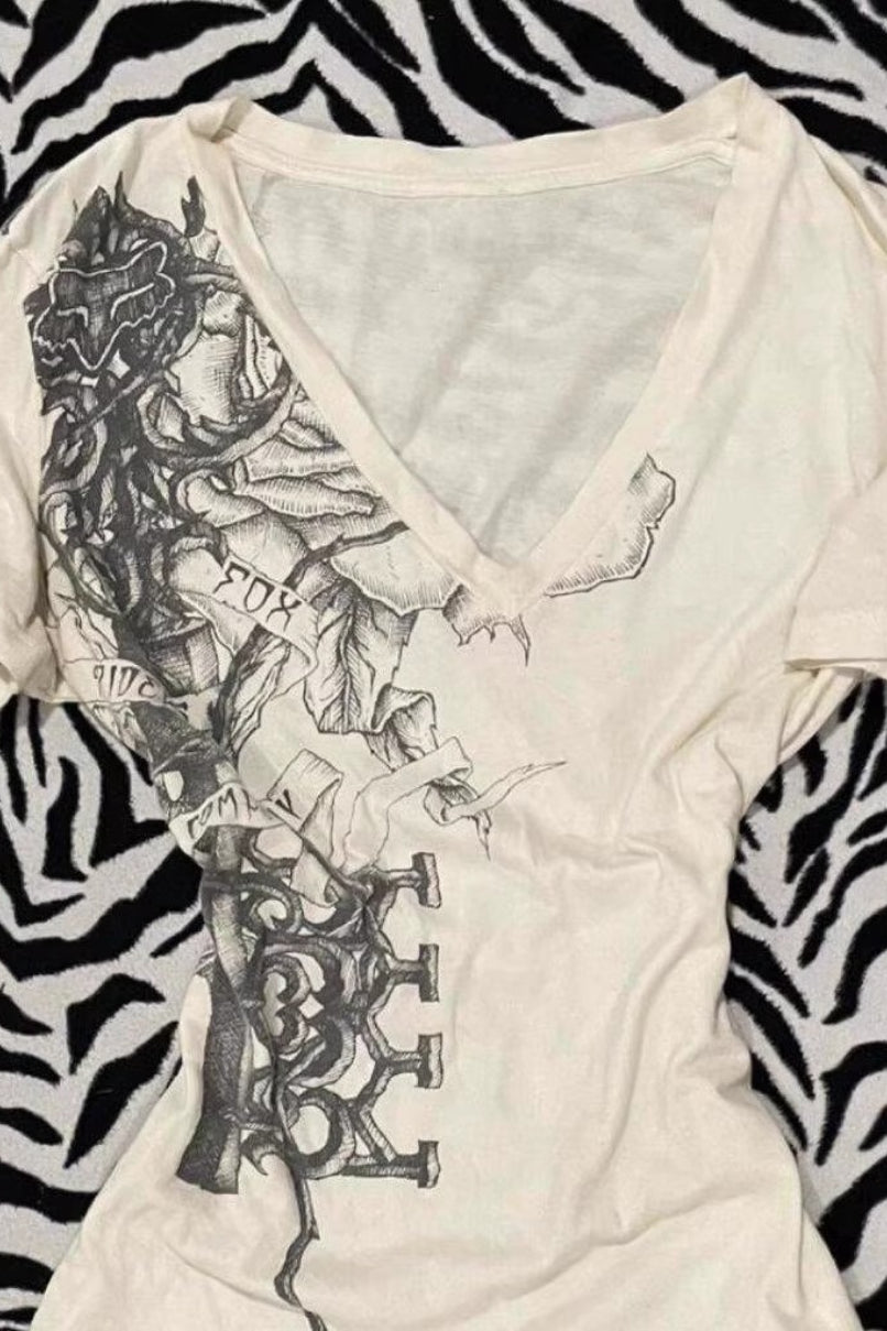 Vintage Printed V Neck Ruched Slim T-shirt