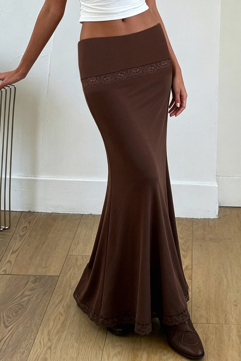 Lace Trim Flared Maxi Skirts