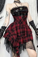 Dark Gothic Red Plaid Strapless Bag Hip Mini Dress
