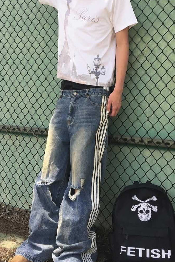 Striped Side Panel Distressed Wide Leg Jeans