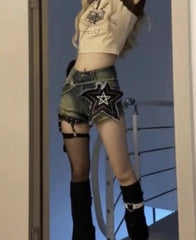 Star Print Denim Shorts