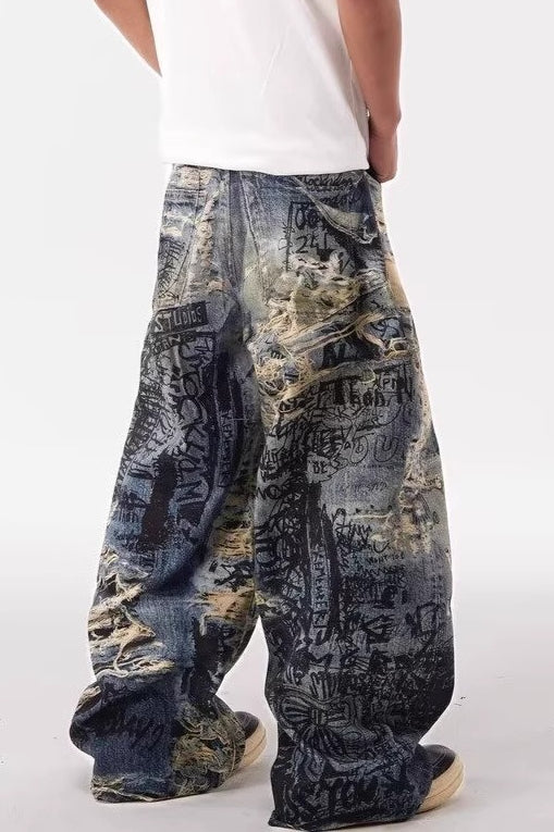 Graffiti Print Distressed Effect Pants