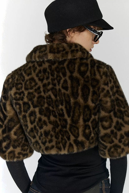 Leopard Plush Cropped Zip Coats