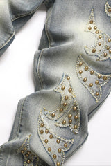 Retro Red Plaid Embroidered Studded Bootcut Denim Pants