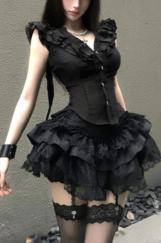 Black Lace Shirt And Tiered Mini Skirt Set