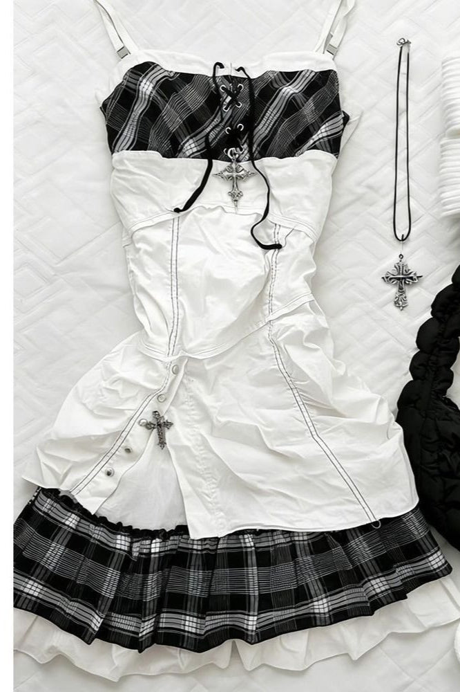Plaid Patchwork Lace-Up Cami Mini Dress Main image