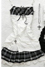 Plaid Patchwork Lace-Up Cami Mini Dress