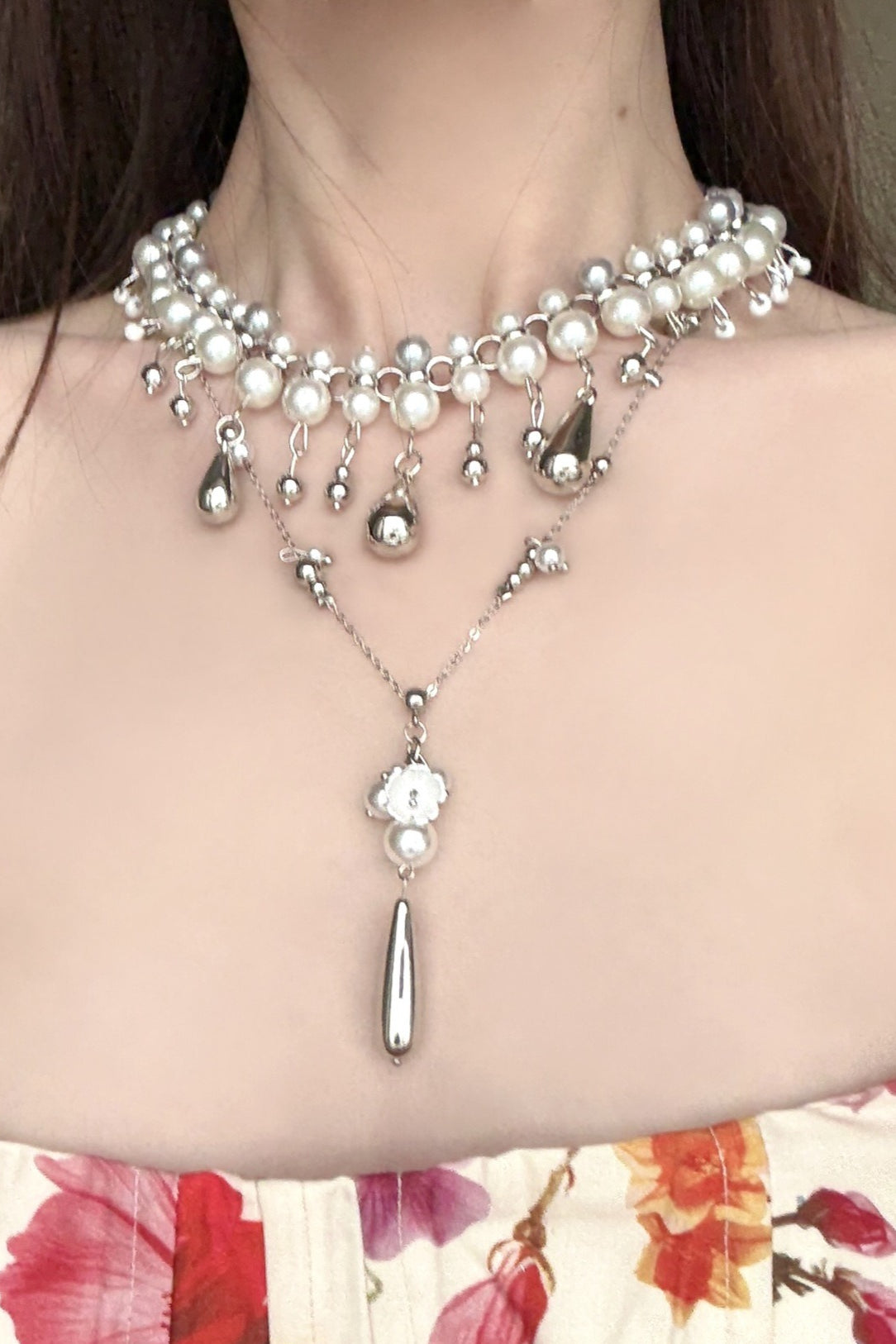 Gothic Vintage Hanging Pearl Mixed Gem Layering Necklace Secondary image