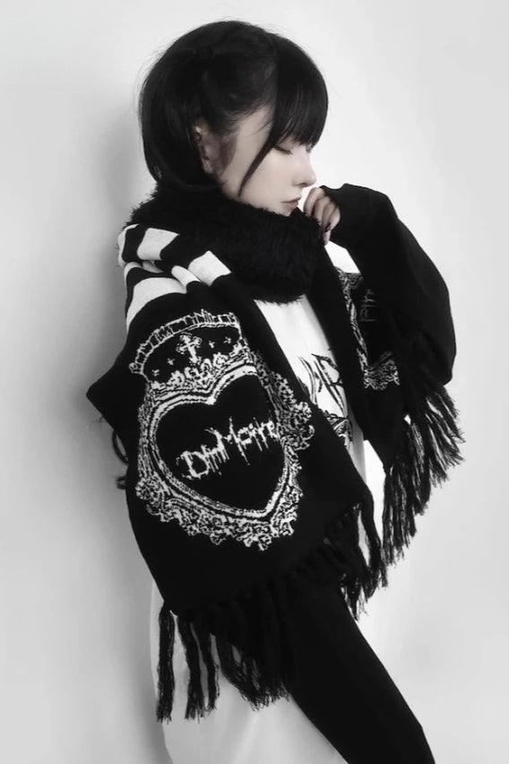 Gothic Subculture Faux Mink Cashmere Black Cross Stripe Warm Scarf