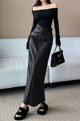 Chic PU Leather Pocketed Straight Maxi Skirt